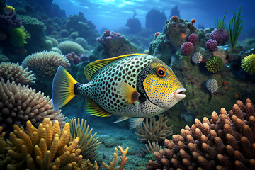 Fototapeta na wymiar rabbitfish surrounded by beautiful coral