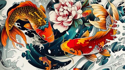 Artistic representation of a Japanese tattoo sleeve, featuring classic koi fish in vibrant colors, swimming upstream, set against a clean, isolated backdrop