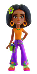 Fashion afro girl hippie, groovy style character on transparent background.