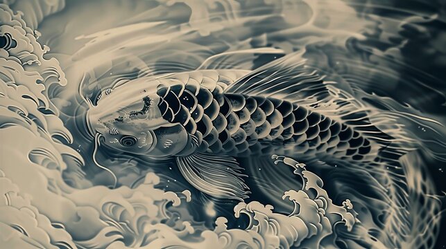 Artistic rendition of a koi fish tattoo, representing perseverance, close-up detail, inked on skin with a solitary backdrop