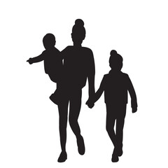 mother walks with two children silhouette on a white background vector