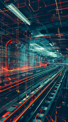 Obraz premium A colorful, abstract image of a train station with many lines and wires