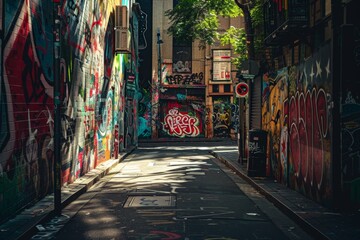 Graffiti covered alley with a few signs and graffiti on the walls