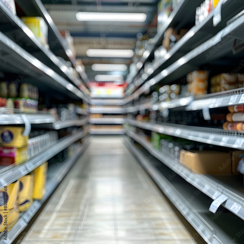 Aufkleber an empty shelf for product placement in the supermarket with blurred background