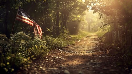 Artistic rendering of an American flag draped along a scenic path, representing a journey through America's heartland, minimalist isolated background