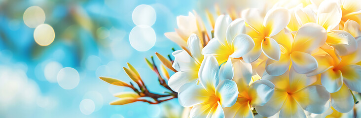 A beautiful white and yellow frangipani flowers on the beach with a blue sky background banner, space for text,