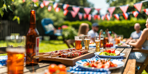 Group of cheerful young friends having a backyard barbecue party on 4th of July, grilling meat, drinking beer and relaxing on a sunny summer day outdoors.