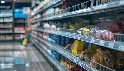 Fototapeta premium an empty shelf for product placement in the supermarket with blurred background 