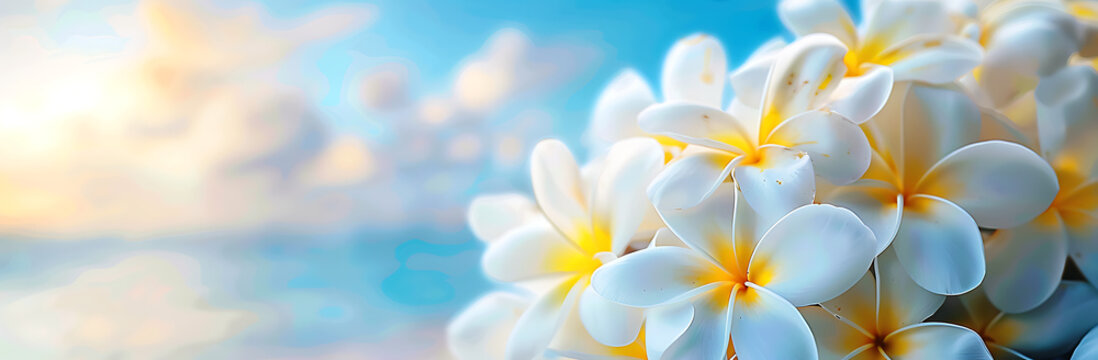 A beautiful white and yellow frangipani flowers on the beach with a blue sky background banner, space for text, - Powered by Adobe
