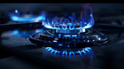 Blue flame of a gas stove isolated on a black background with reflection, a gas burning ring in a kitchen or restaurant cooking stove