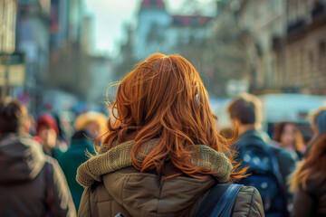 Obraz premium A woman with red hair is walking down a crowded street