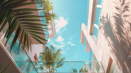 A view of a building with a balcony and a palm tree