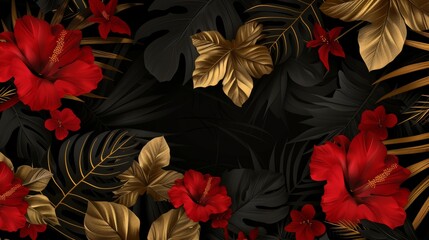 Black and gold tropical leaves on dark background modern poster set Beautiful botanical design with gold tropic jungle palm leaves, exotic red flower Wedding ceremony invitation card, holiday sale