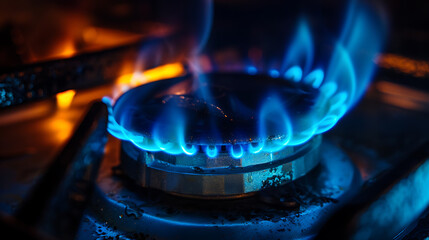 Blue flame of a gas stove isolated on a black background with reflection, a gas burning ring in a kitchen or restaurant cooking stove