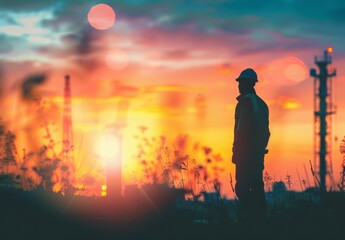 Fototapeta premium Engineer directs construction crews on high ground, emphasizing industry safety amid a sunset backdrop