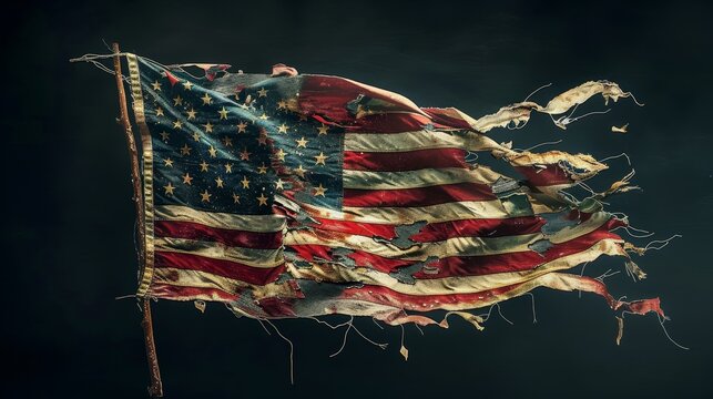 Artistic portrayal of a tattered American flag on an isolated background, representing a journey of unity and discovery across the United States