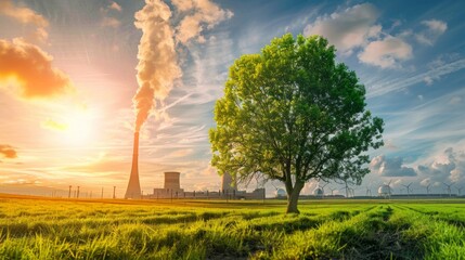 A tree stands in a field next to a power plant