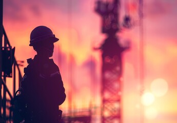 Engineer directs construction crews on high ground, emphasizing industry safety amid a sunset backdrop