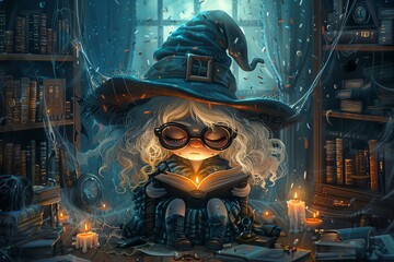 Fantasy oil painting depicting a little girl with crazy, messy white hair, black glasses, and a large witch hat. She is sitting on a chair in a dim, messy reading room surrounded by books, cobweb