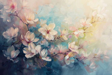 A beautiful, Easter-themed painting glows softly in the light, its delicate, brushstroke patterns and subtle, color palette creating a sense of peace.