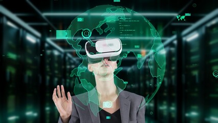 Woman pressing start opening analyze world finance data color green or orange through VR glasses turn around global interface digital infographic network technology virtual 3D animation. Contraption.