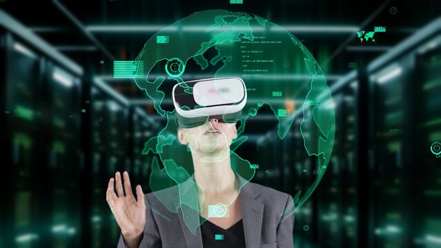 Woman pressing start opening analyze world finance data color green or orange through VR glasses turn around global interface digital infographic network technology virtual 3D animation. Contraption.