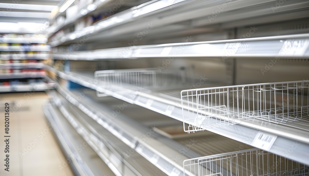 Aufkleber an empty shelf for product placement in the supermarket with blurred background