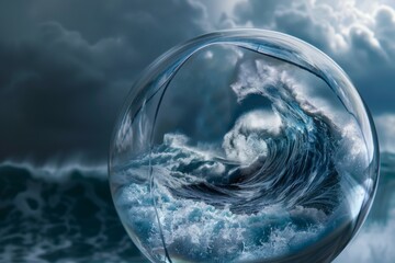 Extreme macro photograph showcasing a tsunami unfolding within a transparent glass and saucer at the center of the frame