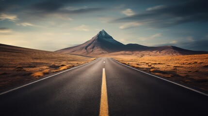 An asphalt road stretches into the distance with a painted white arrow pointing forward