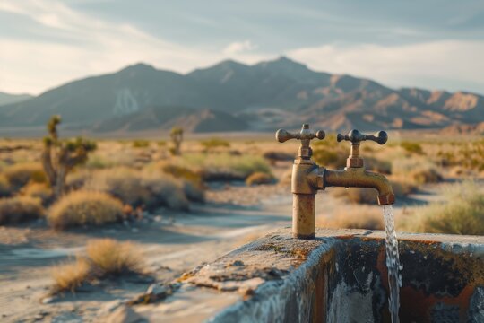 rustic water tap dripping water in a desolate desert landscape with distant mountains, conveying scarcity and survival