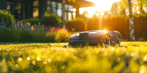 Robot lawn mower on perfectly manicured lawn on sunny summer evening, on a backdrop of residential house backyard.