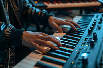 Obraz premium Close up image of person playing piano making music made by generative ai technology