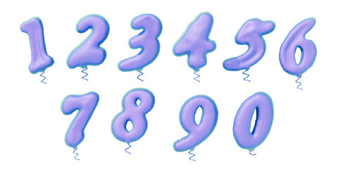 realistic isolated purple and blue balloons of numbers 1 2 3 4 5 6 7 8 9 0 on the transparent background