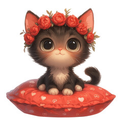 A cute cat in a wreath with red flowers lies on a pillow. Cute illustration of a kitten isolated on a transparent background
