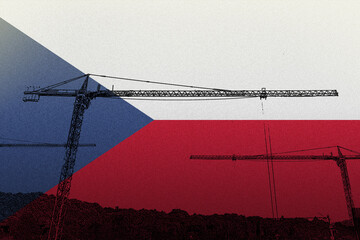 Czech Republic flag with big cranes, building in Czech Republic, heavy lifting, urban site 