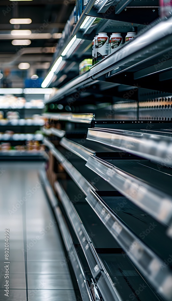 Aufkleber an empty shelf for product placement in the supermarket with blurred background