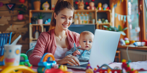 Young mother multitasking in her home office, with a baby in her lap, typing on a laptop, surrounded by baby toys and a cup of cold coffee.