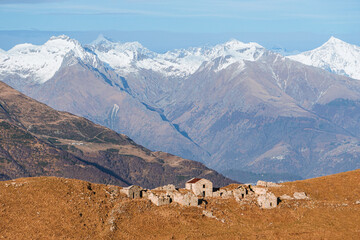 The mountains and landscape above Lake Como during a winter day, near the town of Tremezzo, Italy - December 24, 2023.