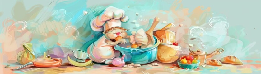 Illustrate the intricate chaos of a culinary mishap from a birds eye view