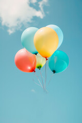 Low angle view of colorful ballons on the blue sky. High quality photo