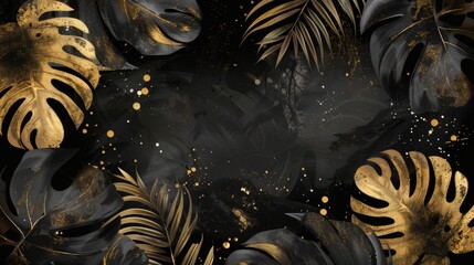 Monstera leaves in black gold with gold paint smear on dark background. Beautiful botanical design with jungle leaves, exotic plants, and golden paint smear.