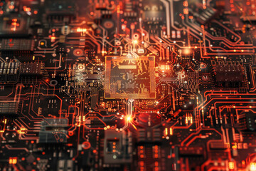 A close up of a computer chip with a lot of red and orange lights