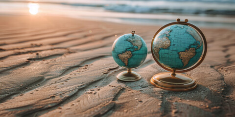Two globes are on a sandy beach