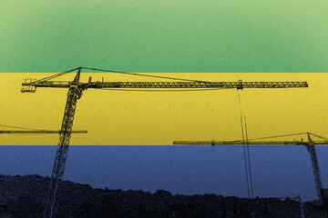Gabon flag with big cranes, heavy lifting, building in Gabon, growth and development 