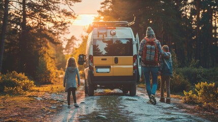 The family made a stop in the woods on a traveling van. The concept of summer car trips.