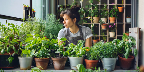 Young person working in their balcony farming organic garden with various vegetables, herbs and flowers. Cultivation of fresh produce on the balconies of buildings in major cities.