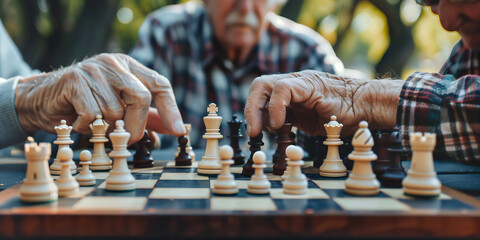 Active retired senior friends playing chess in a park. Hobbies and leisure for elderly people.
