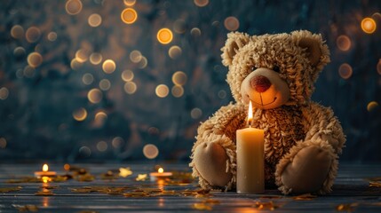 A knitted bear with a large burning candle on a blurred background of the side.