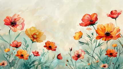 Watercolor drawing of summer wildflowers on an abstract background.