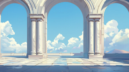 A white archway with a blue sky above it - obrazy, fototapety, plakaty